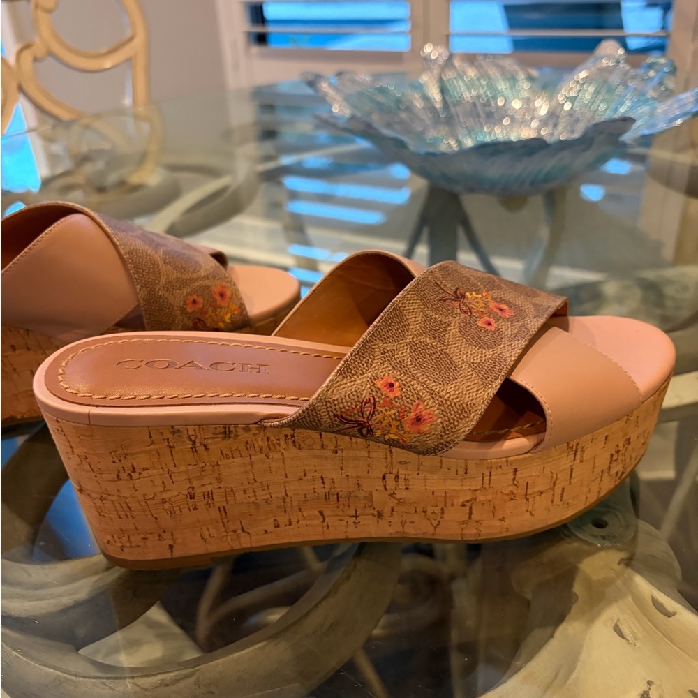 Coach Tan Floral Wedge Sandals